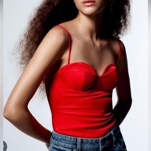 New Zara Red Satin Effect Bustier Bodysuit